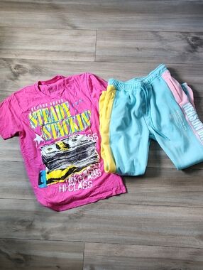 Reason Bright Pink Crewneck Tee & Sweatpants 2 Pc